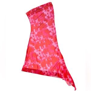 Pink & Orange Floral Strapless Asymmetrical Midi Dress 🩷🧡